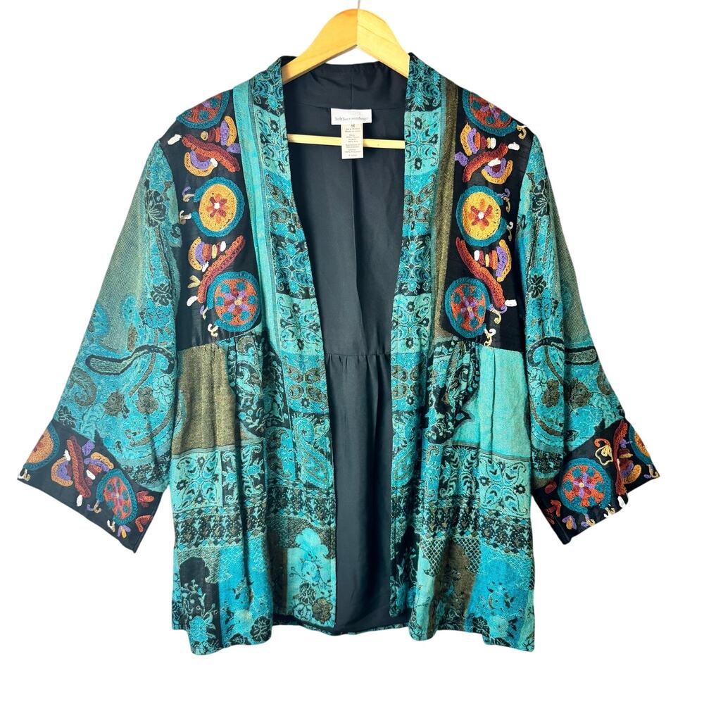 Soft Surroundings Istanbul boho teal embroidered kimono Women’s Medium Artsy